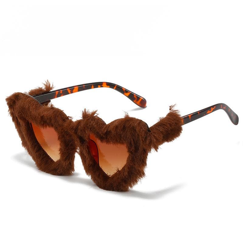 Retro Heart-Shaped Plush Sunglasses Women Fashion Blue Pink Eyewear Trending Men Cat Eye  Protection  Shades As the picture