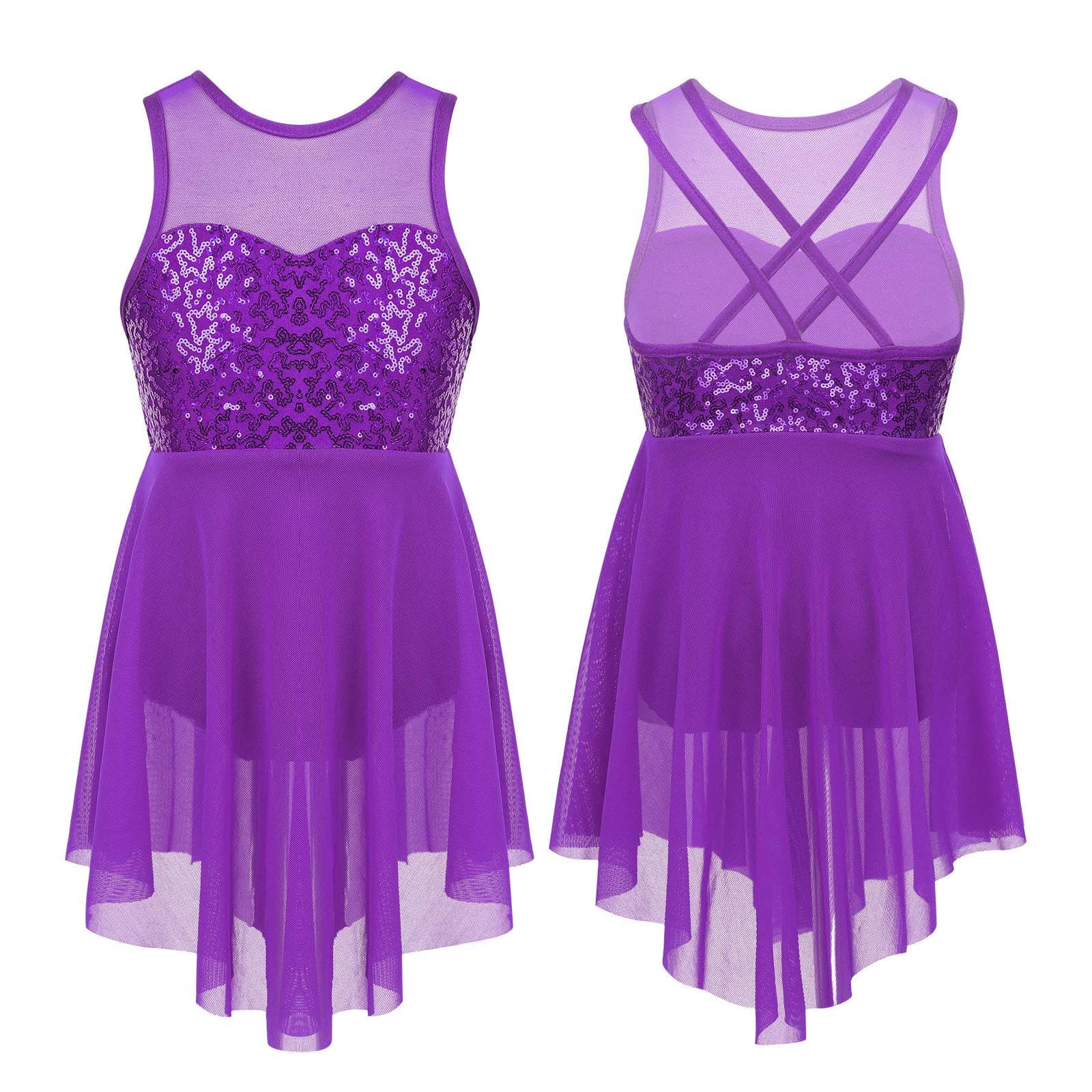 Kids Girls Ballet Dance Leotard Dress Sequins Criss-Cross Back Irregular Hem Lyrical Dance Costume Dress purple