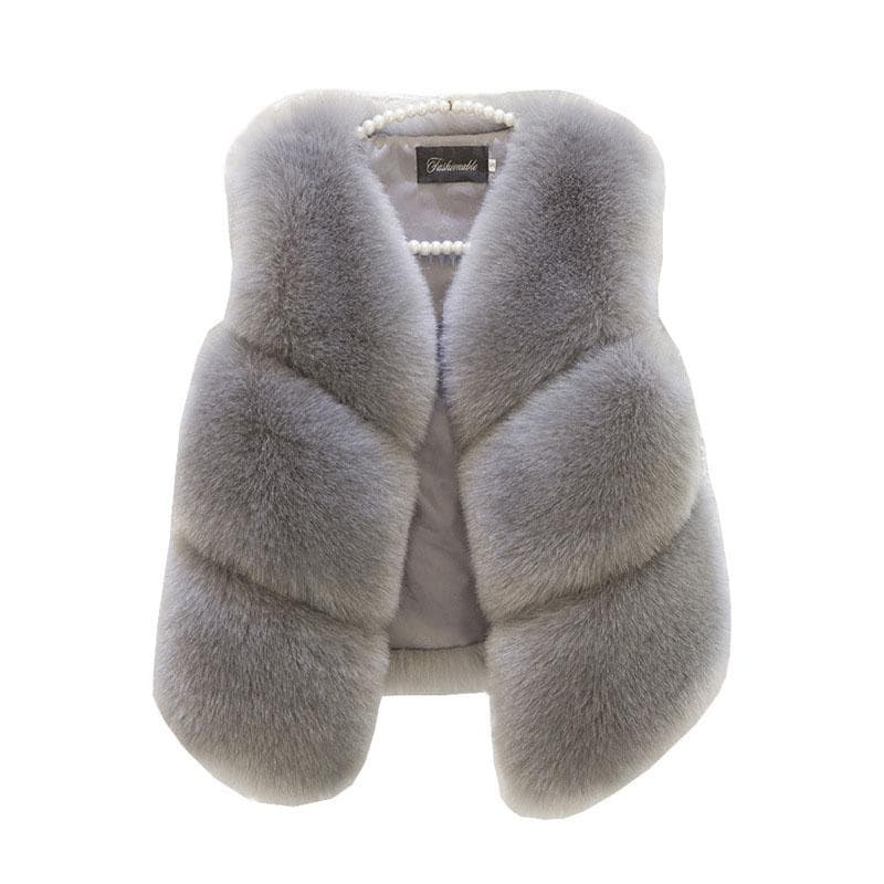 Autumn Winter Thick Warm Faux Fox Fur Vest Women High Quality Fashion V-Neck Short Fur Coat Female Fur Waistcoat XL light grey