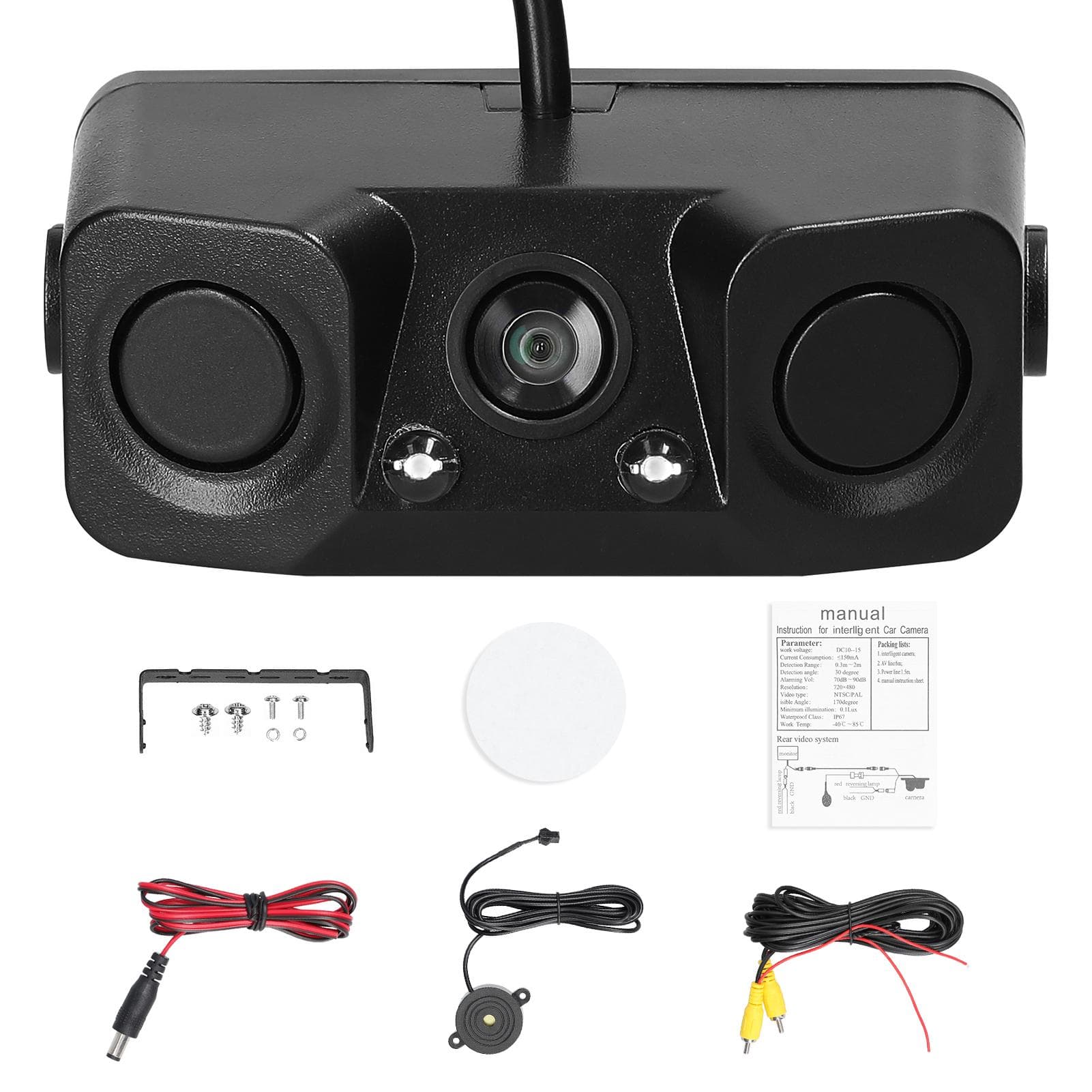 3 in 1 Visual Reversing Radars Camera Waterproof Video Rearview Camera Car Backup Camera with 2 black