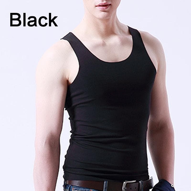 1PC Fashion Slim Tight Undershirt Bouncy Top Men's Seamless Ice Silk Tank Elastic Casual Solid XL black