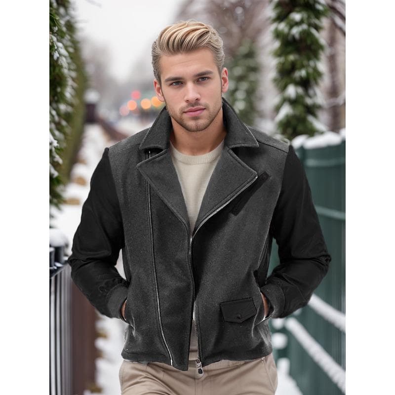 New PU Fur Men's Jacket Lapel Color Matching Zipper Coat 2XL