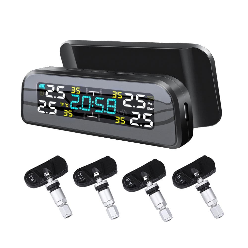 Solar Tire Pressure Monitor System Automobile Tire Pressure Alarm Clock Tire Pressure Detector 360 ° Rotatable Tire Pressure Monitoring Tyre Pressure Internal Sensors Set