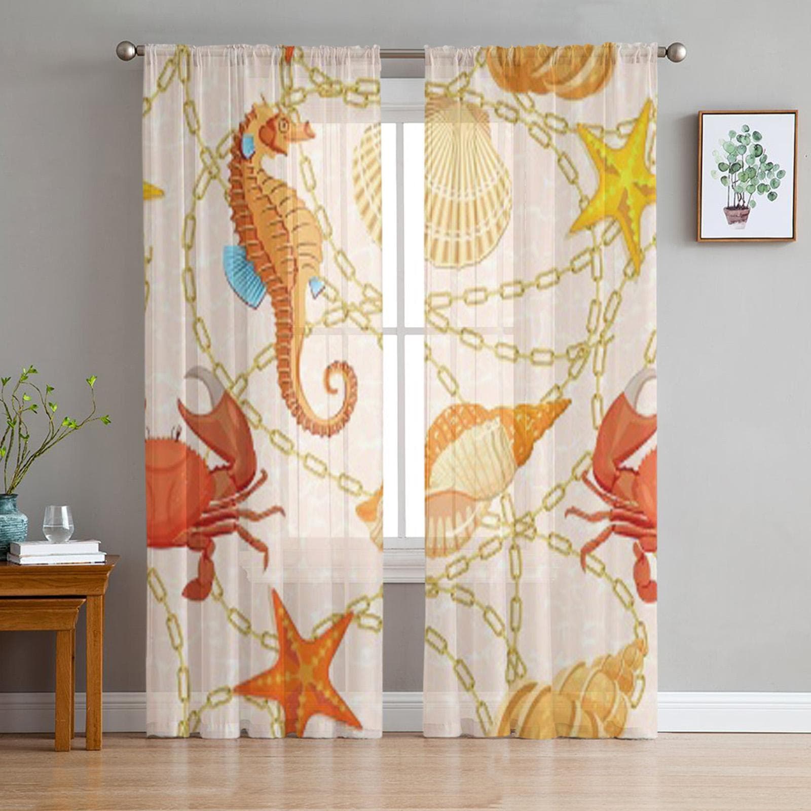 Fishes Corrals Shells Seaweeds Seahorse Underwater Chiffon Sheer Curtains for Living Room Bedroom Window Voiles Tulle Curtain 135W x 114H(cm)