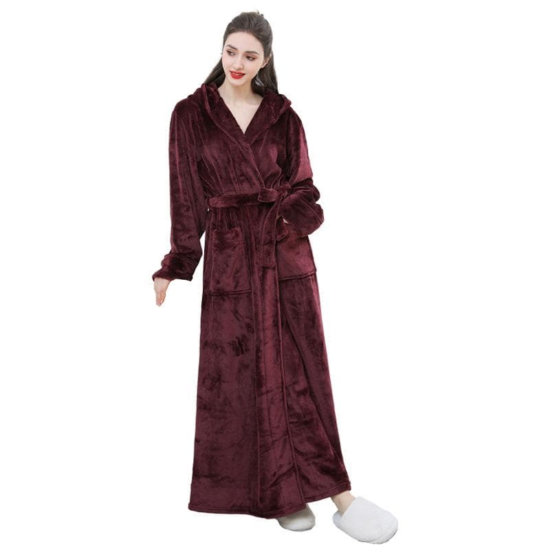 Coral Fleece Hooded Batrobe Gown Winter Thick Flannel Couple Long Robe Sleepwear Warm Lingerie Loose Home Clothes Loungewear L