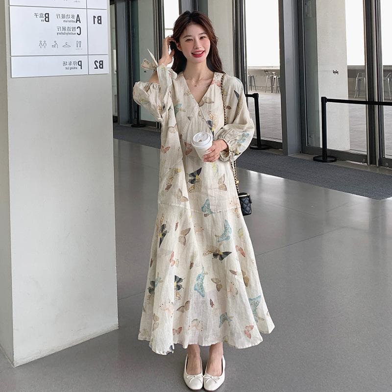 Printed Dress for Women In Spring and Summer, Retro Gentle Style, Covering The Flesh and Showing A Slimming V-neck Long Skirt XL