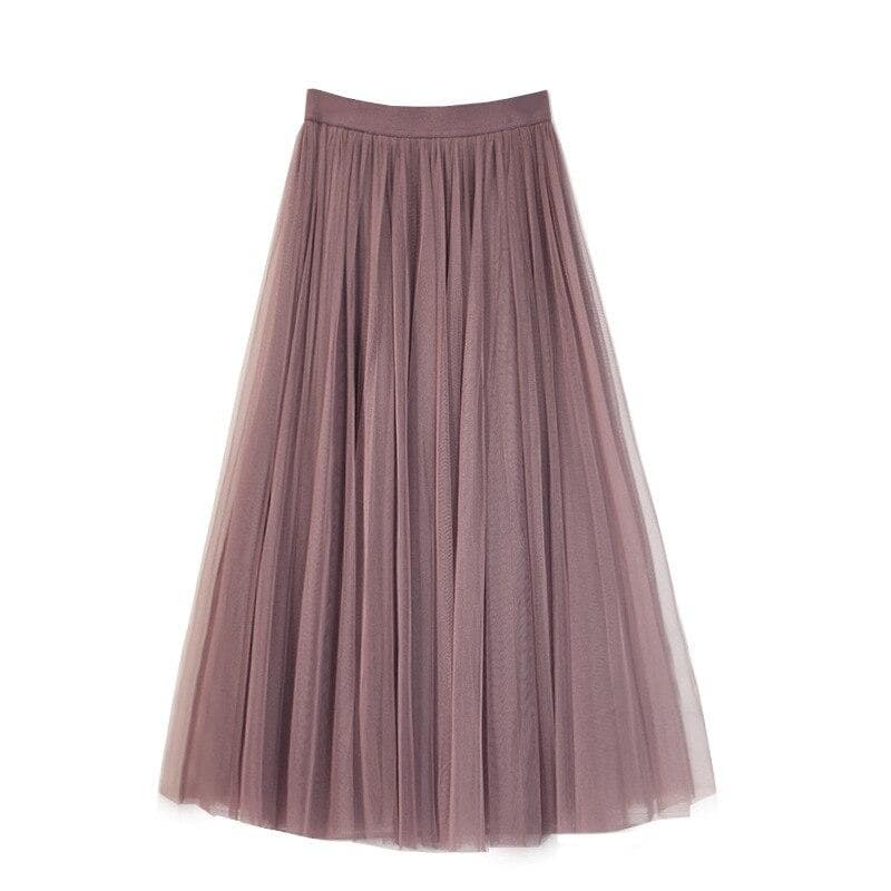 Qooth Elastic Waist 3 Layers Mesh Long Tulle Skirt Spring Autumn Elegant Vintage High Waist Ball Gown Gauze Tutu Skirt QT2001 M coffee
