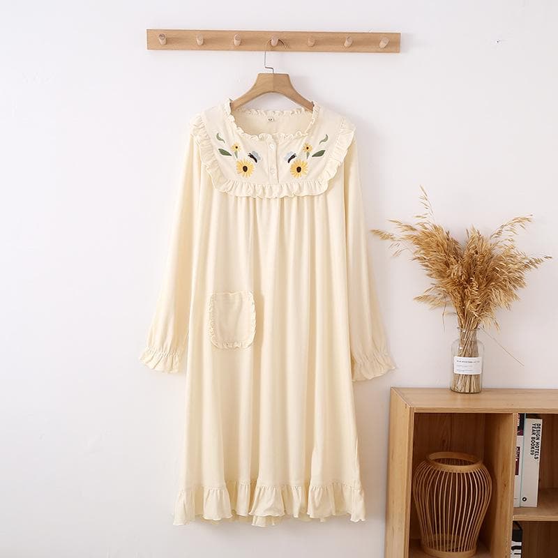 New Spring and Summer Women's Long Skirt 100%cotton Long-sleeved Skirt Dress Sweet Embroidered Nightdress Home Clothes Sleepwear XL
