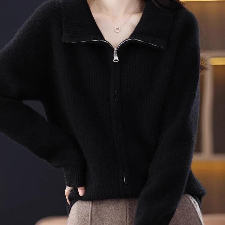 New Cardigan Women's Lapel Zipper Solid Color Jacket Loose Slimming Cashmere Knitted Sweater XL