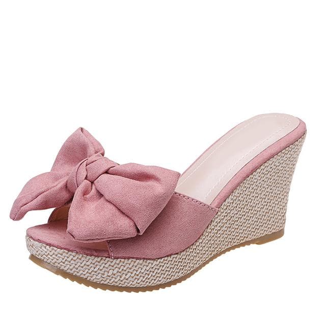 High Wedge Slippers Women Faux Suede Big Butterfly Knot Sandals Woman Summer Open Toe Slides Linen Platform Slippers High Heels 37 pink