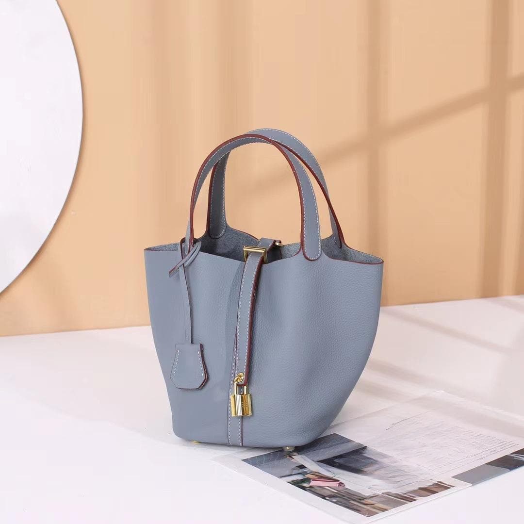 Leather Women's Cabbage Basket Bag Women's High-end French Niche Bucket Bag Mother Handbag blue