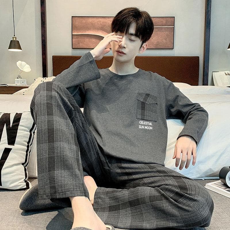 Cotton Pajamas Men's Long Sleeve Youth Plus Size Pajamas Home Clothes Round Neck Cartoon Dinosaur Pajamas Home Clothes L