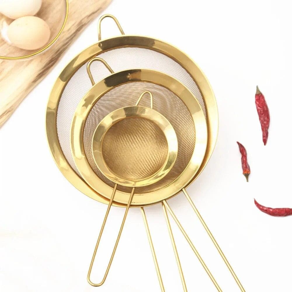 Stainless Steel Fine Mesh Oil Strainer Golden Flour Sifter Sieve Colanders Flour Coffee Mesh Filter Baking Tools Kitchen Bakware 10cm gold