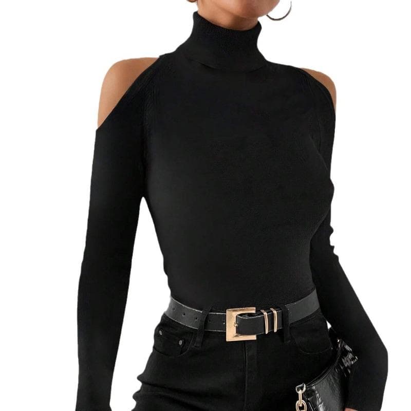 Women's Niche Elegant T-shirt for Autumn and Winter, Careful Off-the-shoulder Design Top M black