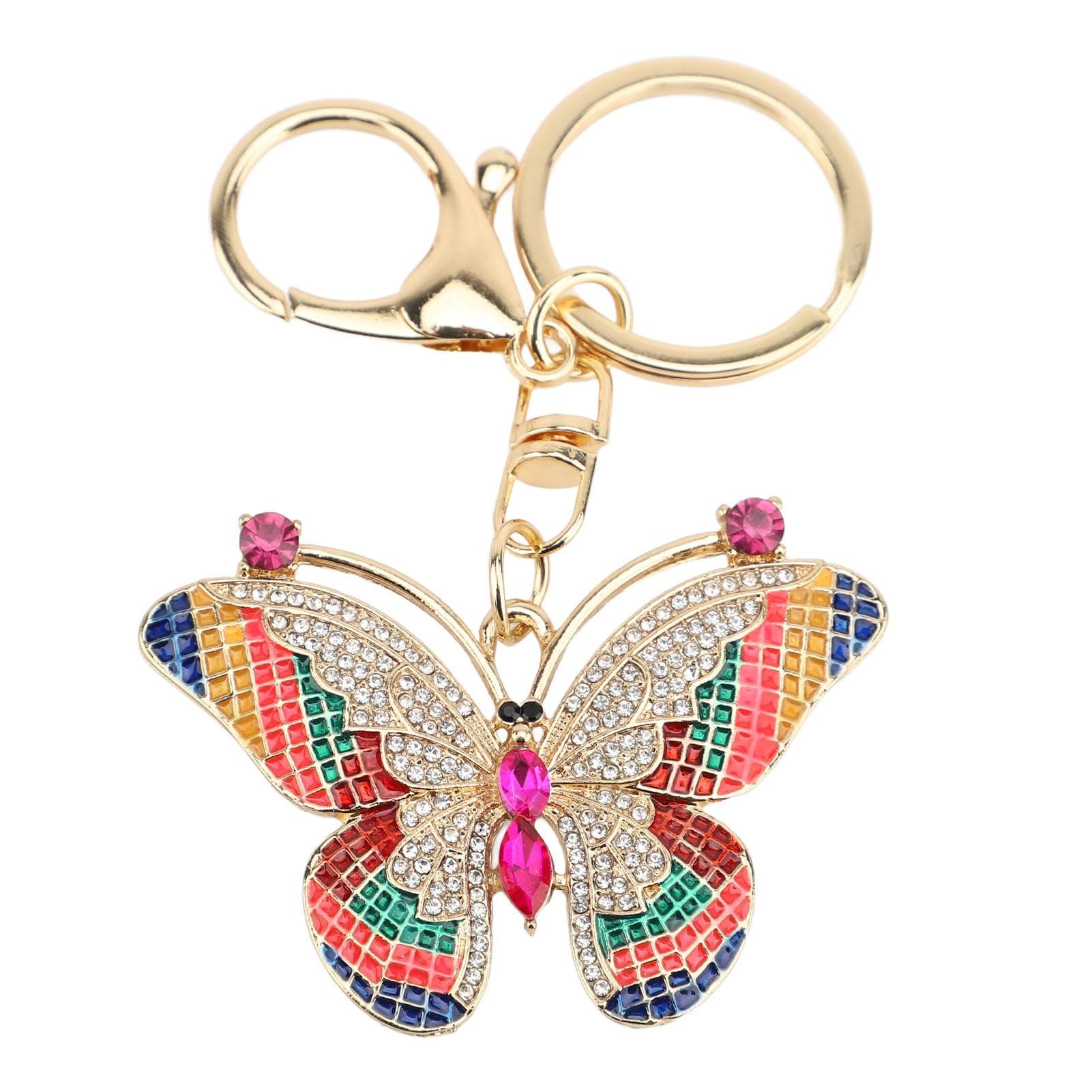 Butterfly Keychain Sparkling Rhinestones Cute Colorful Zinc Alloy Butterfly Key Ring for Handbags pink