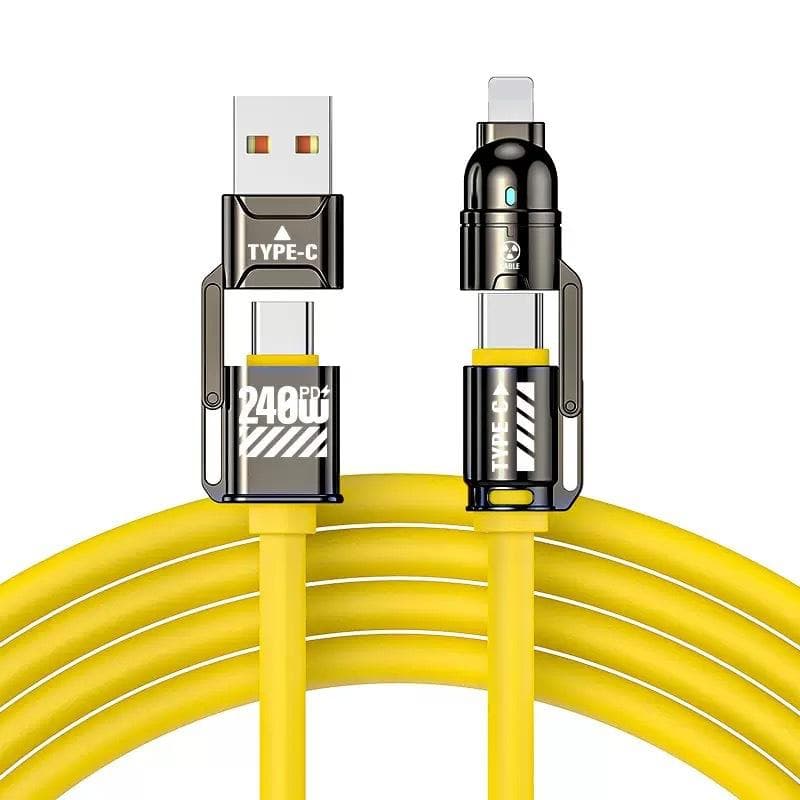 Maximum 240W 4-in-1 Fast Charging Cable, with Two Trailing Charging Cables, Equipped with USB-A/Type-C/Lightning, 4-in-1 Fast Charging Cable 1m yellow