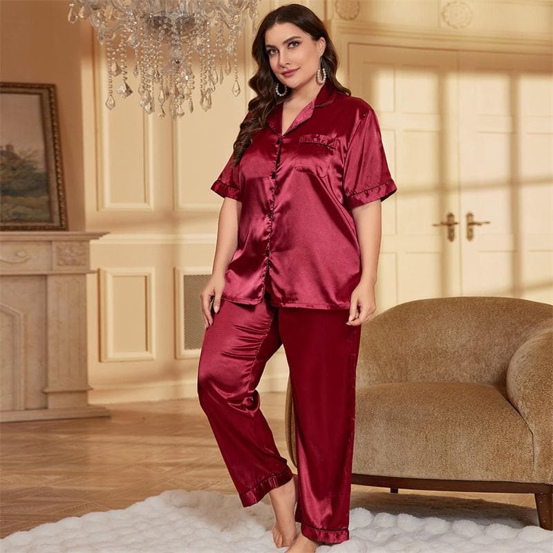 Summer Women's Silk Pajamas Set Personalized Satin Casual Thin Loose Tops Trousers Home Wear XL red