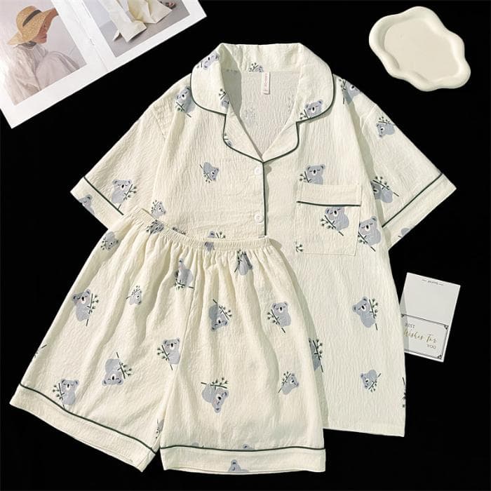 Women's Faux Cotton Pajamas Set Summer Cute Sleepwear 2 PCS Short Sleeve Tops and Shorts Soft Casual Cute Bear Printing Outfits M