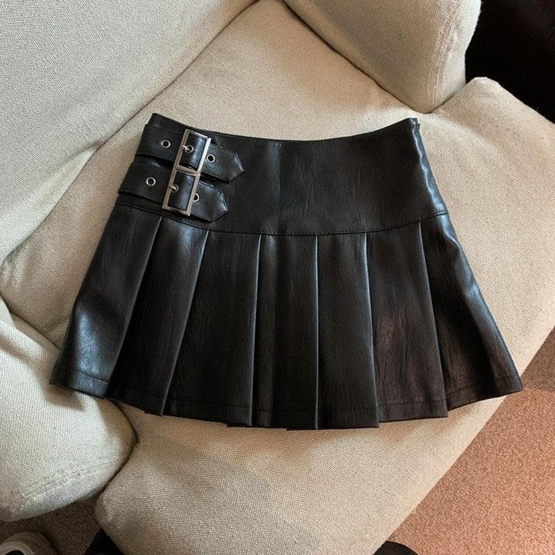 Y2K Pu Leather Mini Skirt Women Vintage High Waist Pleated Skirts Streetwear Korean Black Slim Casual A Line Skirts New S black