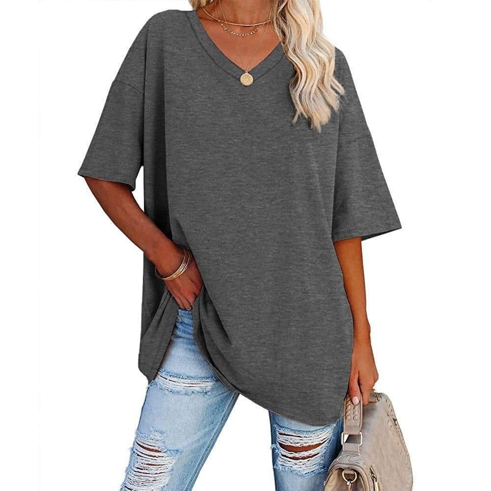 Summer Women's T-shirt Casual Solid Color V-Neck Large Size Loose Short Sleeve Top L dark gray