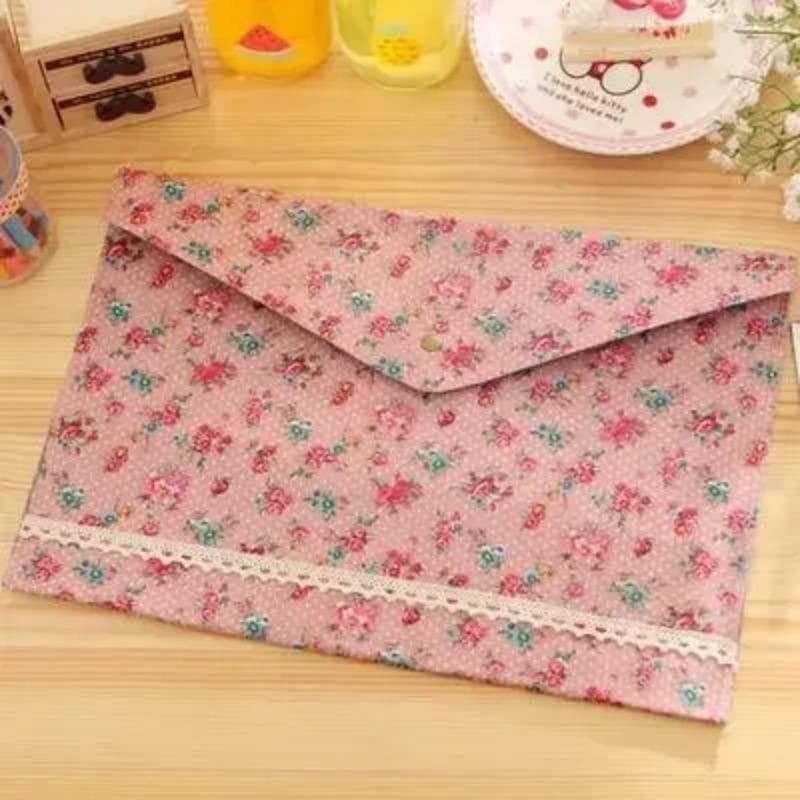 1Pc Vintage Flower Series A4 Documents File Bag Files Folder Stationery Button File Folder Student Exam Paper Document Organizer pink
