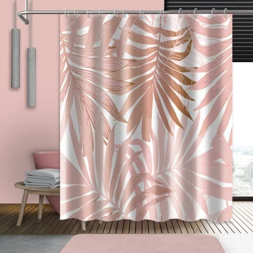 Pink Shower Curtain Rose Gold Palm Leaves Modern Luxury Shower Curtains Fabric Waterproof with Hooks 180x180cm