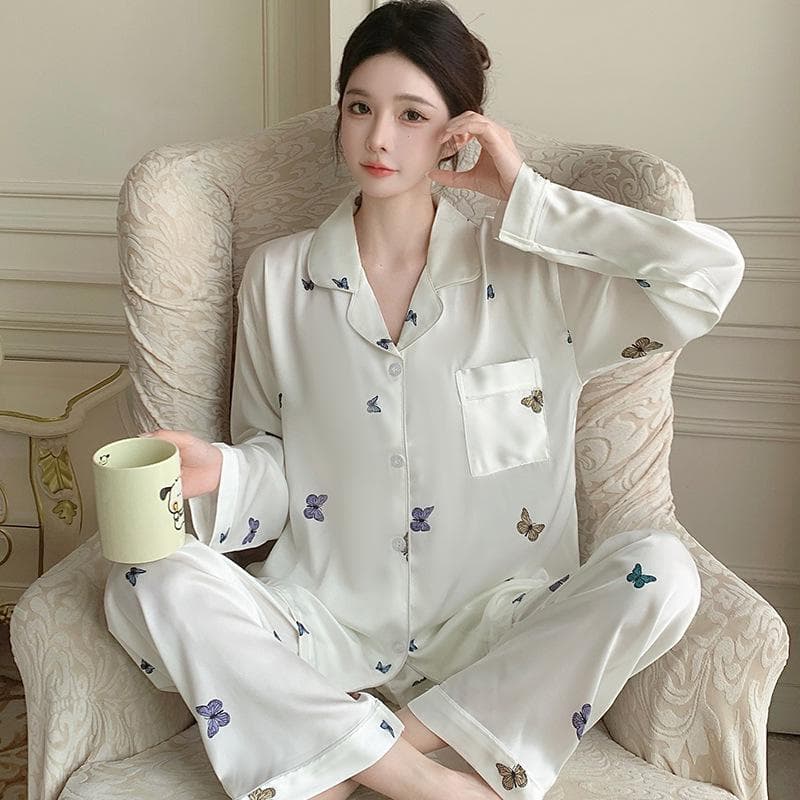 High-End Green Floral Lapel Pajamas Set for Women XL (115-130 jin)