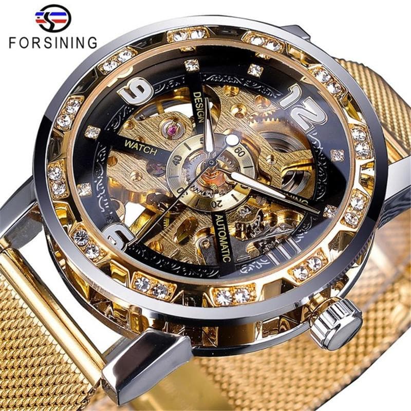 Forsining Watch Men's Fashion Casual Classic Popular Mesh Belt Hollow Rhinestone Manual Mechanical Watch