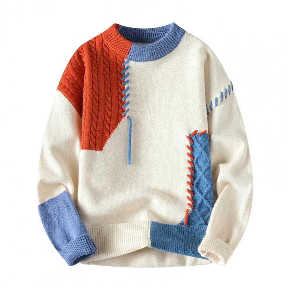 Autumn Winter Men Sweater Color Blocking Slicing Design Round Neck Loose Knitted Pullover Thick Warm Bottoming Sweater Casual We XXL orange