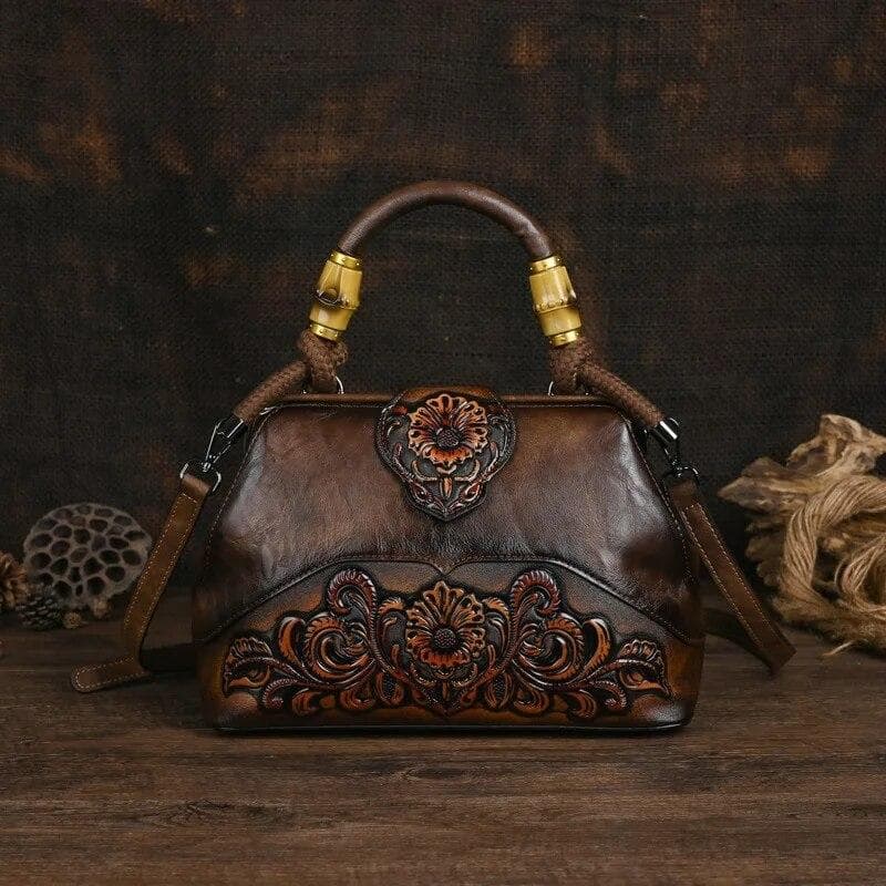 Ladies Luxury Handbag 2024 New Vintage Handmade Leather Carved Women Tote Bag Versatile Female Shopping Shoulder Crossbody Bags coffee