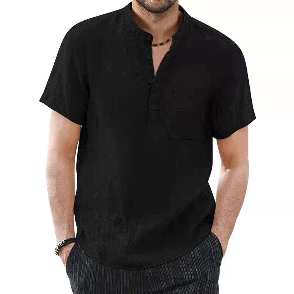 Men's Short Sleeve T-shirt Cotton and Linen Casual Men T-shirt Solid Color Summer Shirt Male Cozy Breathable US Size L black