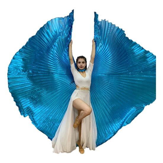 1 Set Performance Cape with Telescopic Rod 360 Degree Belly Dance Wings Egyptian Costume Pleated Bright Color Luster Surface lake blue
