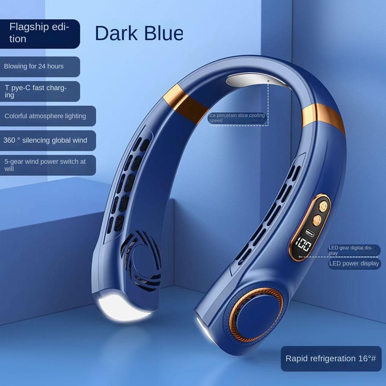 New Portable Neck Fan 5 Speed Digital Display Air Cooler Bladeless Neck Fans Usb Rechargeable Mini Air Conditioner Cooling Fan blue