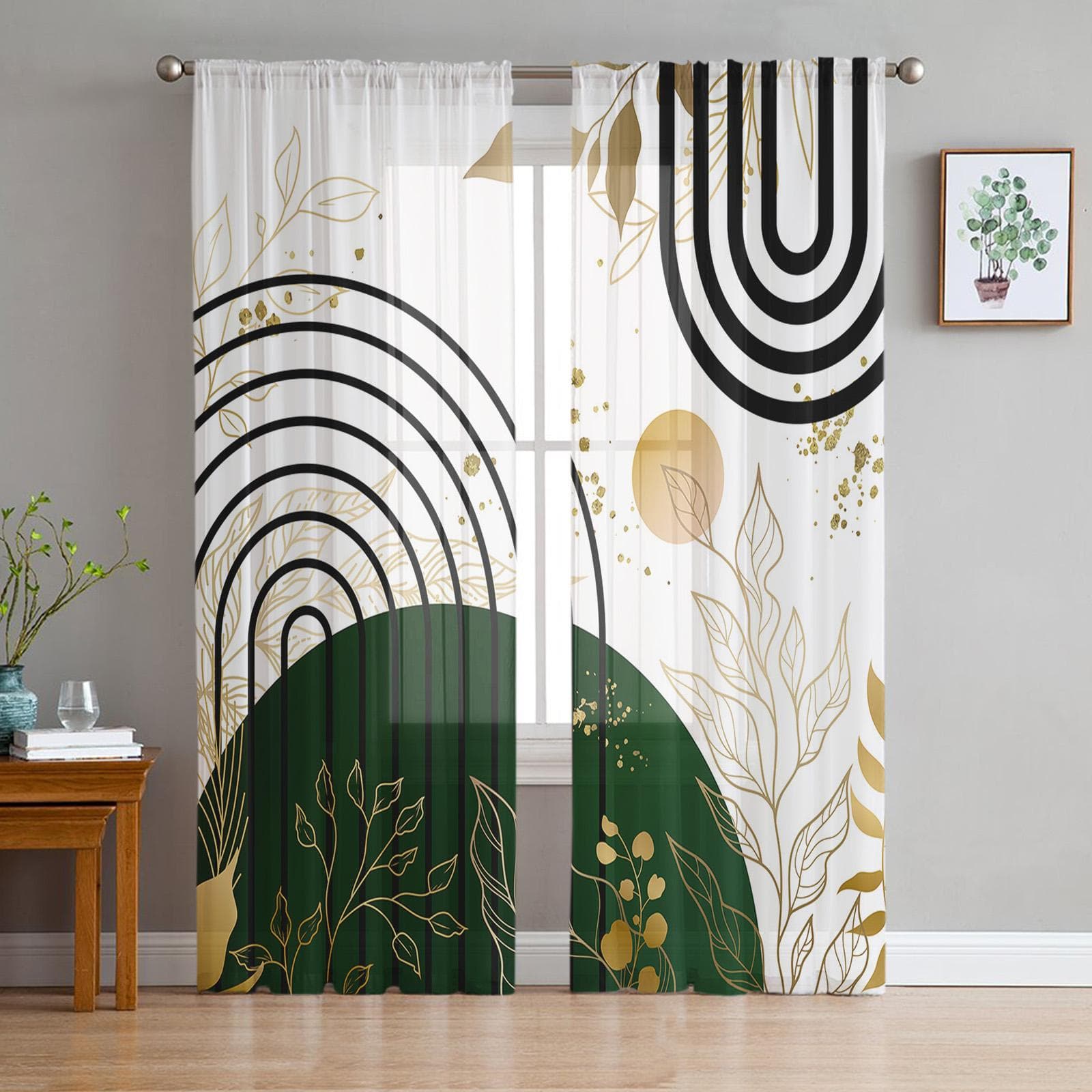 Bohemian Abstract Style Leaf Plant Bedroom Curtains Tulle Sheer Curtain Living Room Home Decor Voile Drapes 135W x 114H(cm)