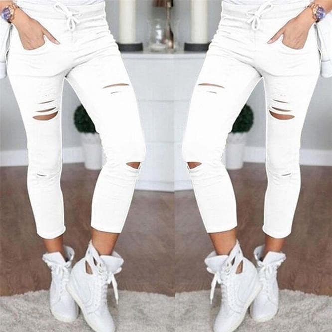 Sexy Women's High Waisted Denim Stretch Jeans Destroy Skinny Ripped Distressed Pants Trousers XXXL white