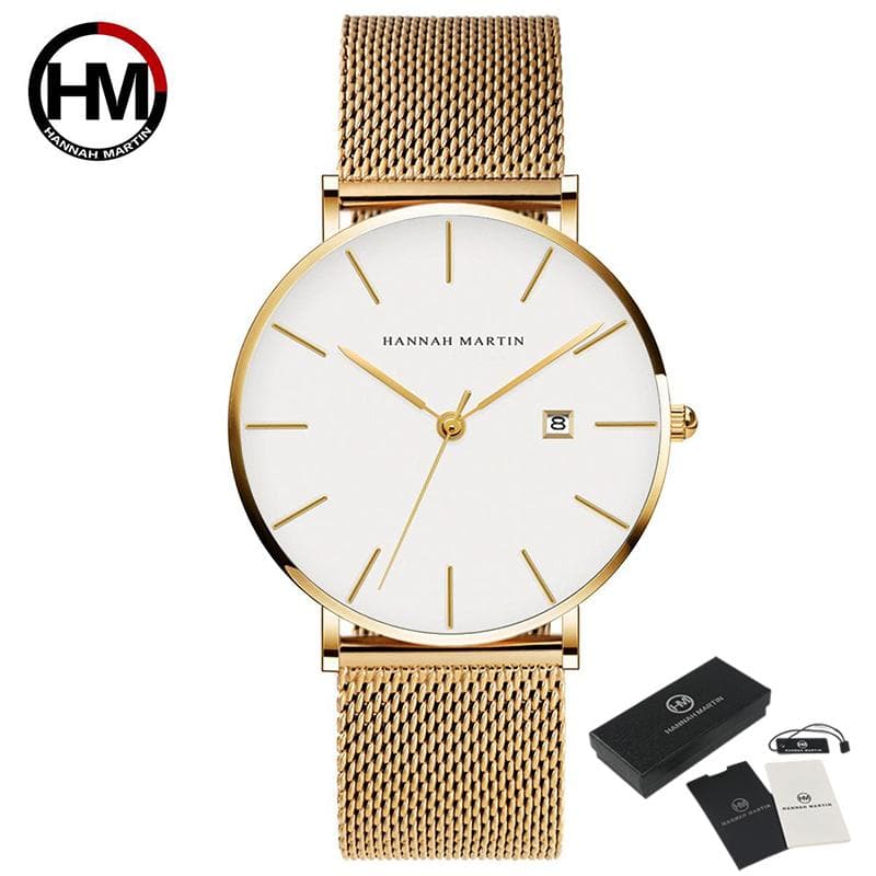 Hannah Martin Fashion Men's Watch Brand Luxury Male Quartz Watches Minimalist Casual Leather Strap Digital Calendar Wristwatch Men Clock white