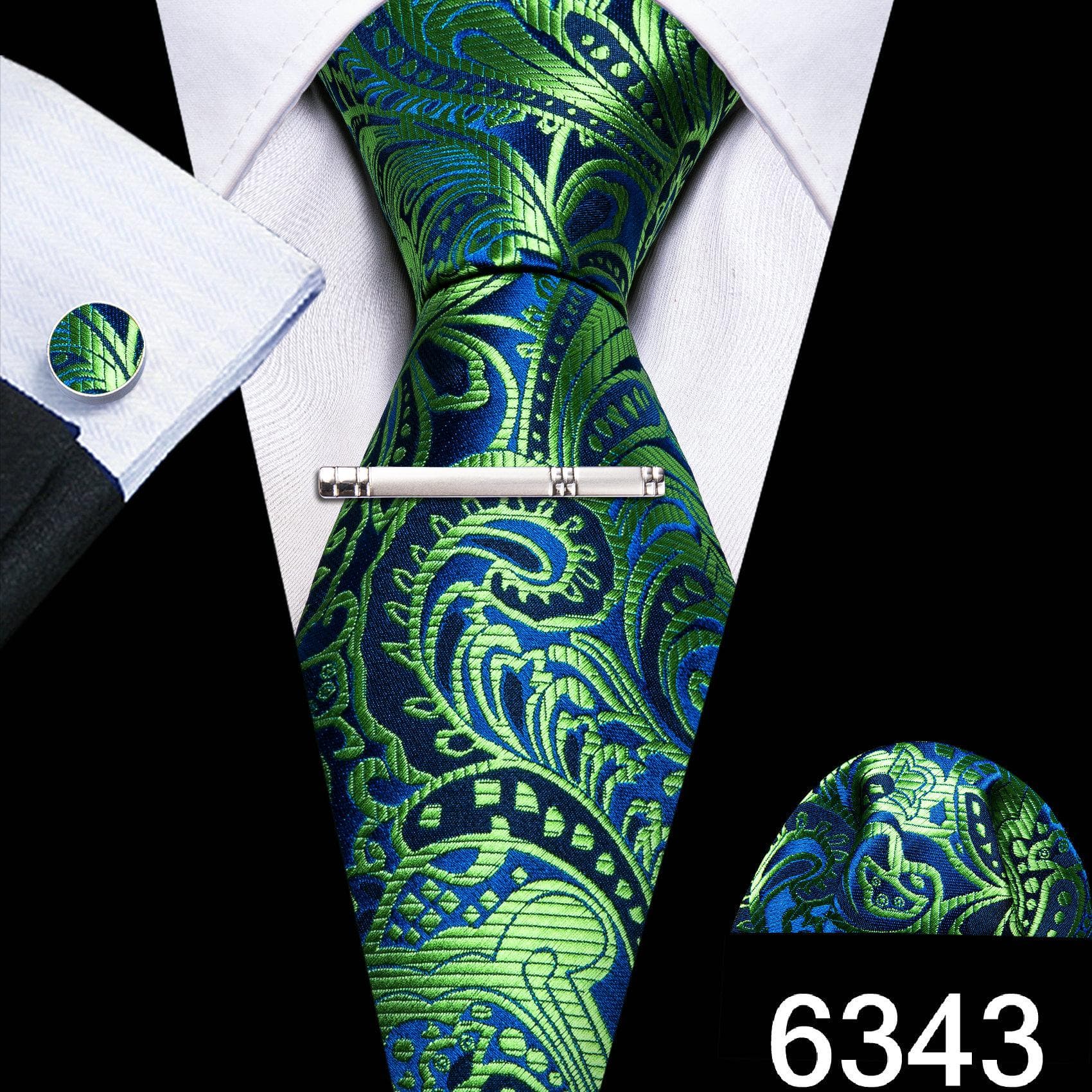 Barry.Wang Mens Green Blue Ties with Silver Tie Clip Wedding Silk Necktie Hanky Cufflinks Business Set N-6343