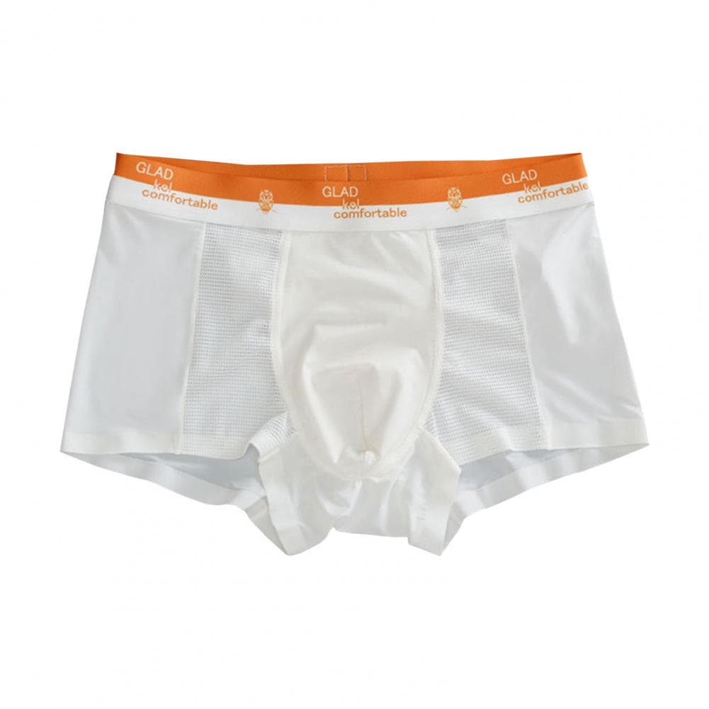 Men Boxer Underwear Mid-rise Elastic Waist Letter Print Mesh Stitching Shorts Briefs Ultra-thin Ice Silk Seamless Panties XXXL orange