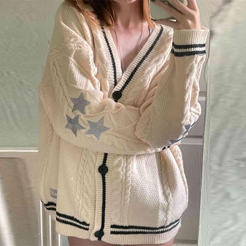 Winter Loose Cardigans Women Star Embroidered Knitted Sweaters Tay Vintage Y2K Streetwear Single Breasted Long Sleeve Top Coats S beige