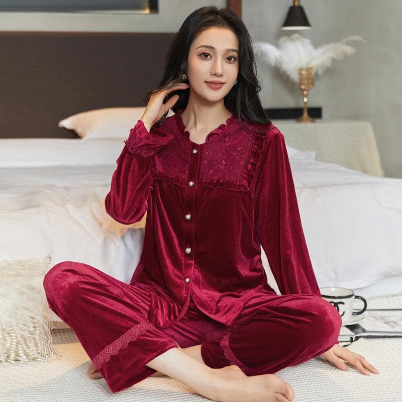 Women's Long Sleeved Home Clothes Autumn Winter Warm 2PCS Pajamas Loose Casual Velvet Sleepwear Sexy Intimate Lingerie Nightwear XXL red