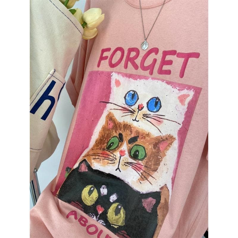 Pink Short-sleeved T-shirt Women's Summer Medium and Long Cat Cartoon Print Loose Short-sleeved Top XXXL