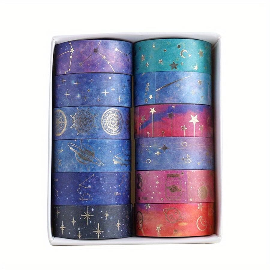 12 Rolls/set Starry Sky Washi Tape Gold Foil Washi Masking Tape Moon Stars Celestial DIY Decorative Paper Tape 12 roll