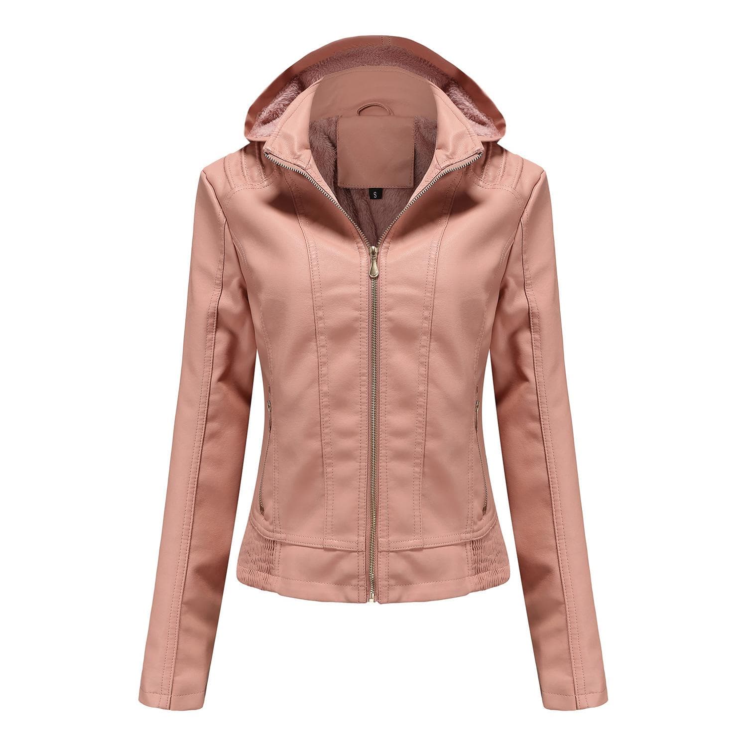 Autumn and Winter Hooded Leather Jacket for Women with Detachable Hood, Zipper, Long Sleeves, Fleece Leather Jacket, European Size Slim Coat XL
