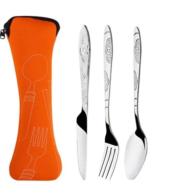 3Pcs Steel Knifes Fork Spoon Set Family Travel Camping Cutlery Eyeful Four-piece Dinnerware Set with Case orange