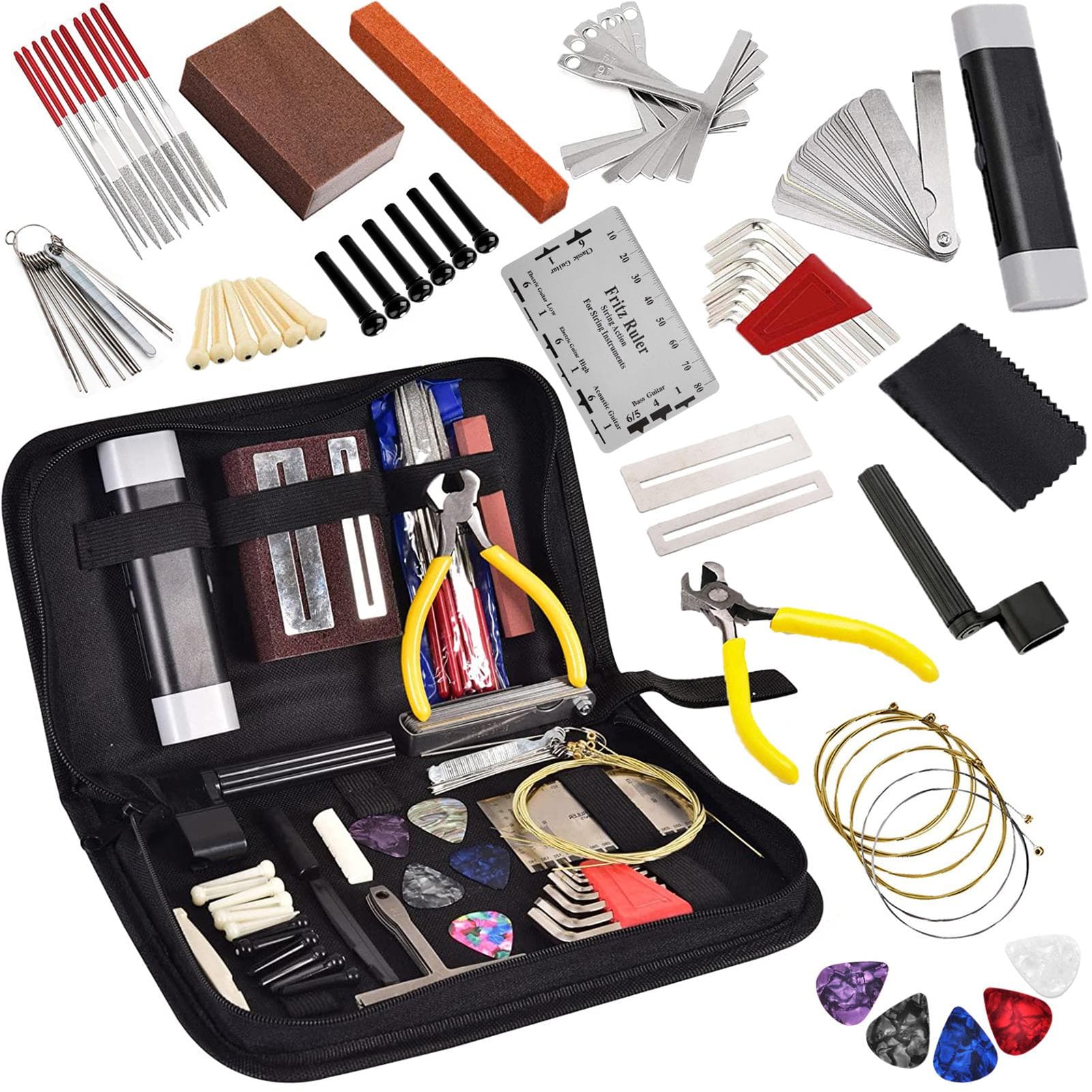 74 PCS Guitar Tool Kit with Carry Bag, Repair Maintenance Tools String Action Ruler Guitar Bridge 74 PCS multicolour
