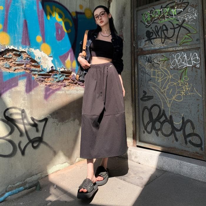 Drawstring High Waist Skirt for Women, Elastic Waist A-line Skirt for Mid-length Skirt for Women, Summer Skirt for Black Casual Skirt for Women L