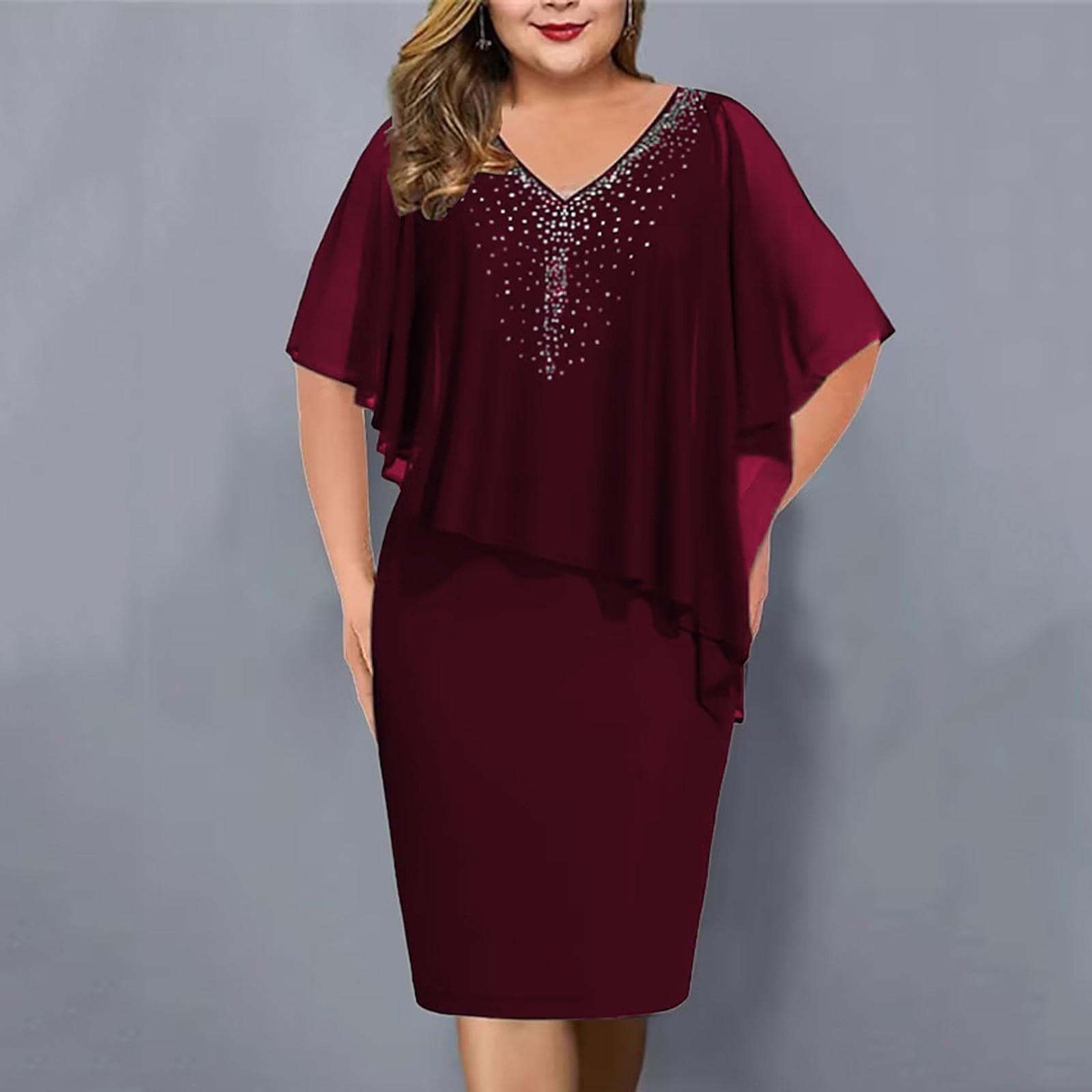 Women Plus Size V Neck Overlay Asymmetric Buttock Dress Chiffon Sequins Dress 4XL wine red