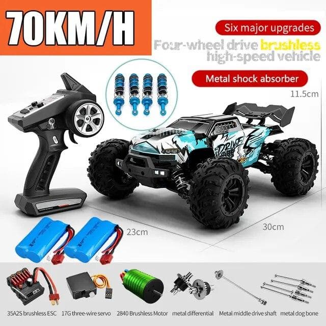 New Rc Car Off Road 4x4 High Speed 75KM/H Remote Control Car with LED Headlight Brushless 4WD 1/16 Monster Truck Toys for Boys Gift 2 battery blue