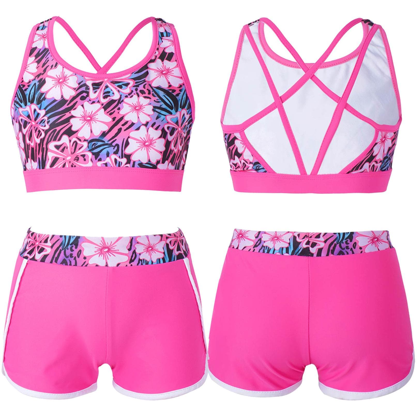 Kids Girls 2pcs Tankini Set Criss Cross Tank Top with Boyshorts Summer Beachwear Swimsuit 11-12 Years Rose