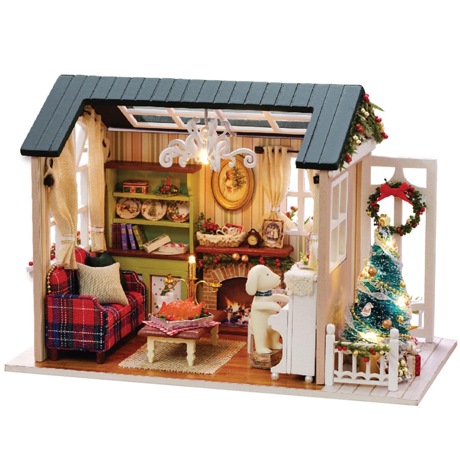 DIY Christmas Miniature Dollhouse Kit Realistic Mini 3D Wooden House Room Craft with Furniture LED
